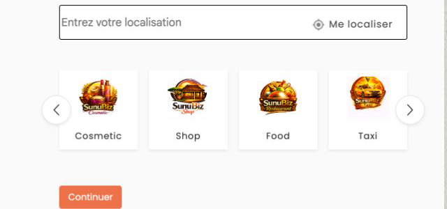 SunuBiz categories including Cosmetic, Shop, Food, and Taxi